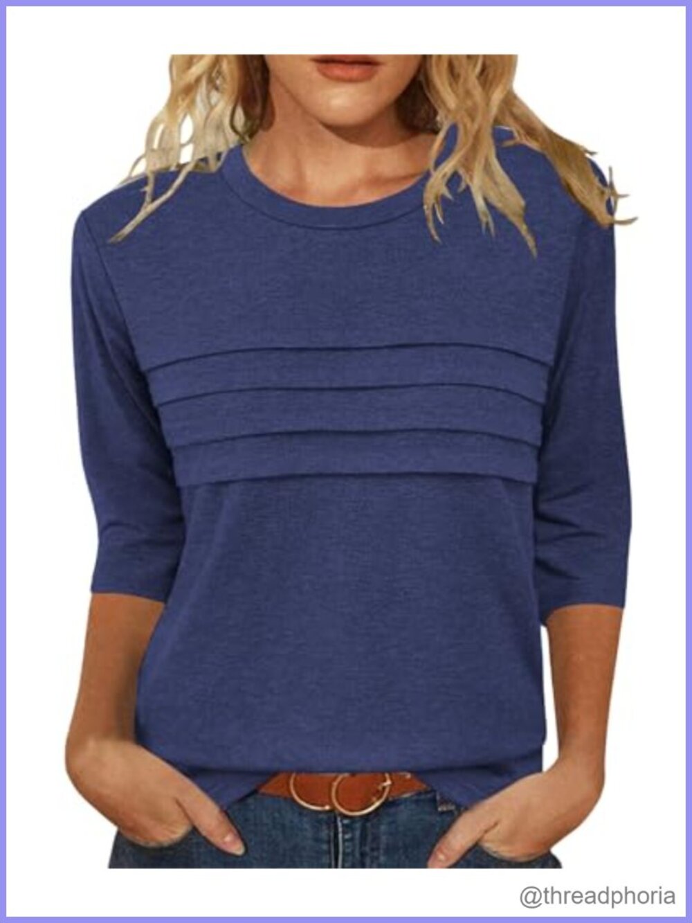 JomeDesign Womens 3/4 Sleeve Tunic Top Round Neck Pleated Casual Blouse
